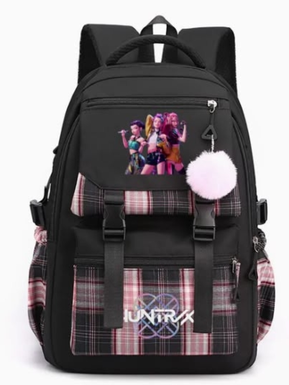 Black & Pink Plaid Women’s Backpack with Pom Charm